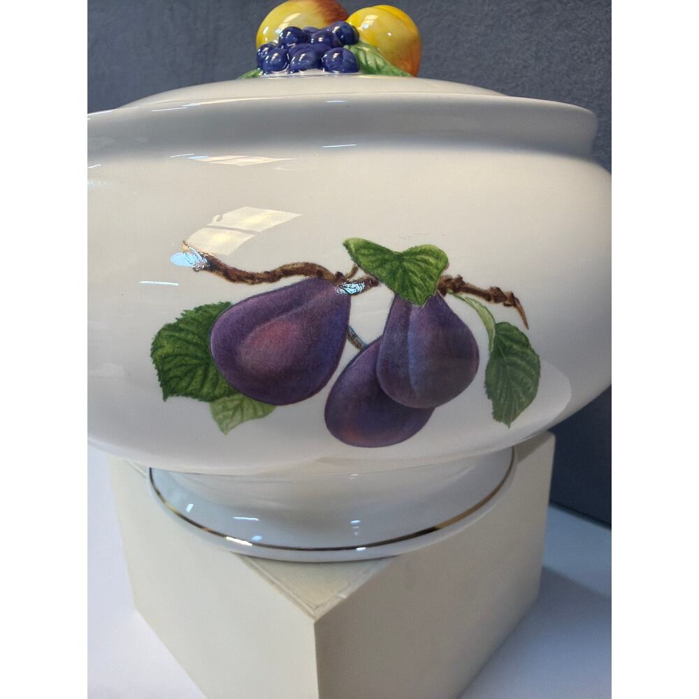 Vtg 1980s Teleflora Serving Bowl Lidded Fruit Pattern Gold Trim 8" Ceramic - Picture 7 of 10